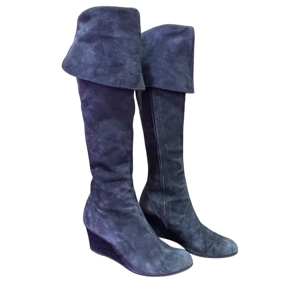 Casini by Jennifer Tattanelli Womens Navy Suede Knee High Wedge Boots EU 38.5